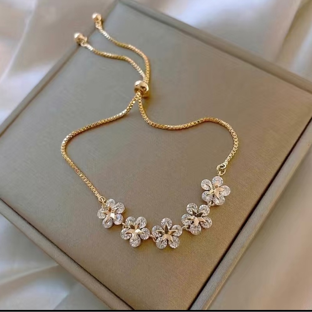 Adjustable 14k Gold Plated Flower Beaded Chain Bracelet